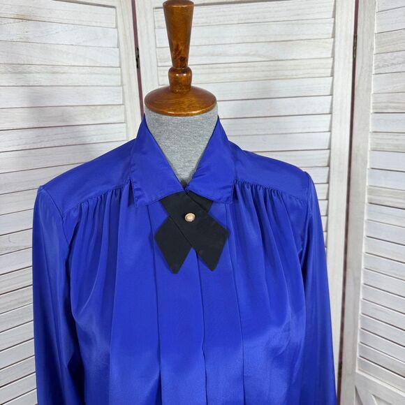 Vintage 80s Design Elements Pleated Removable Neck Bow Blouse Blue 10 - Picture 6 of 13